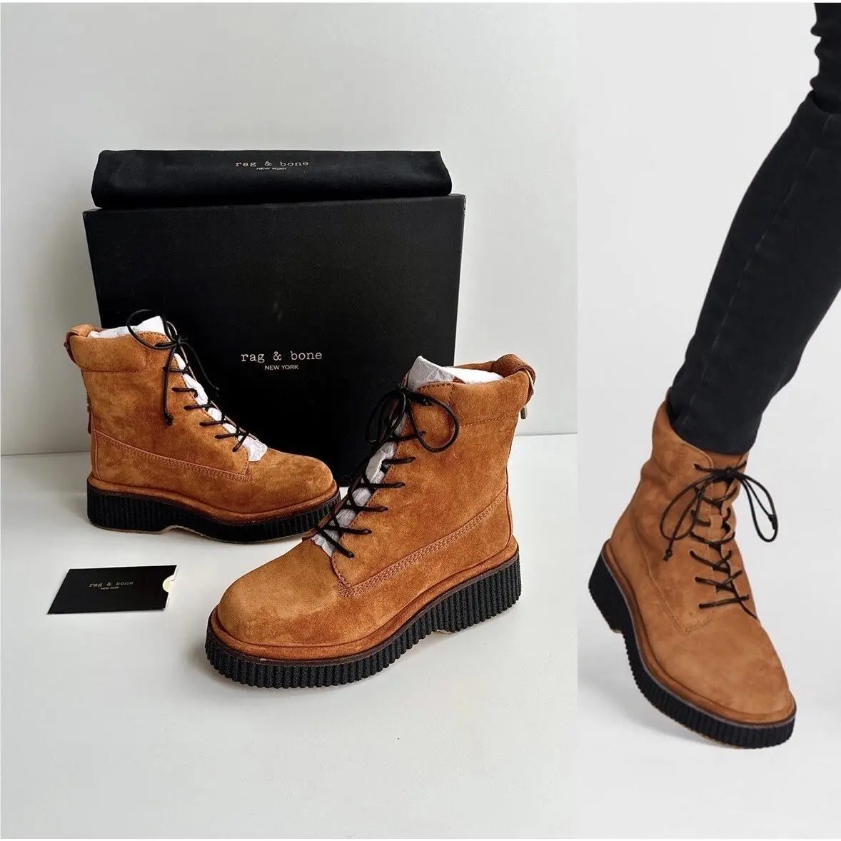 Rag Bone Sloane Suede Lace Up Combat Boots Cinnamon Tan Size 7.5