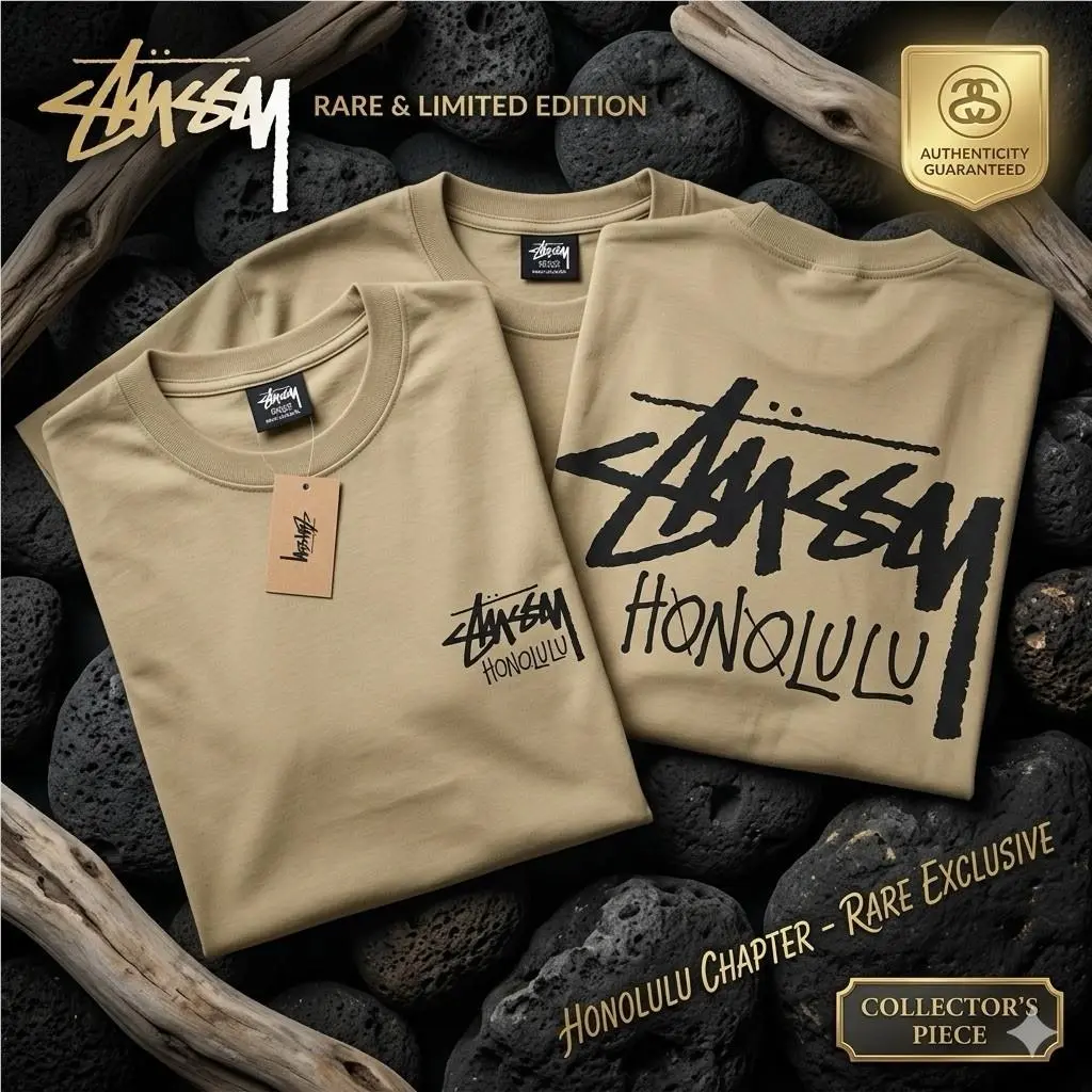 Stussy Shirt Mens Large Beige Honolulu Short Sleeve Cotton Tee Made In Usa