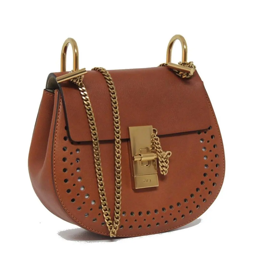 Chloé Drew Mini Perforated Leather Caramel Saddle Crossbody Bag