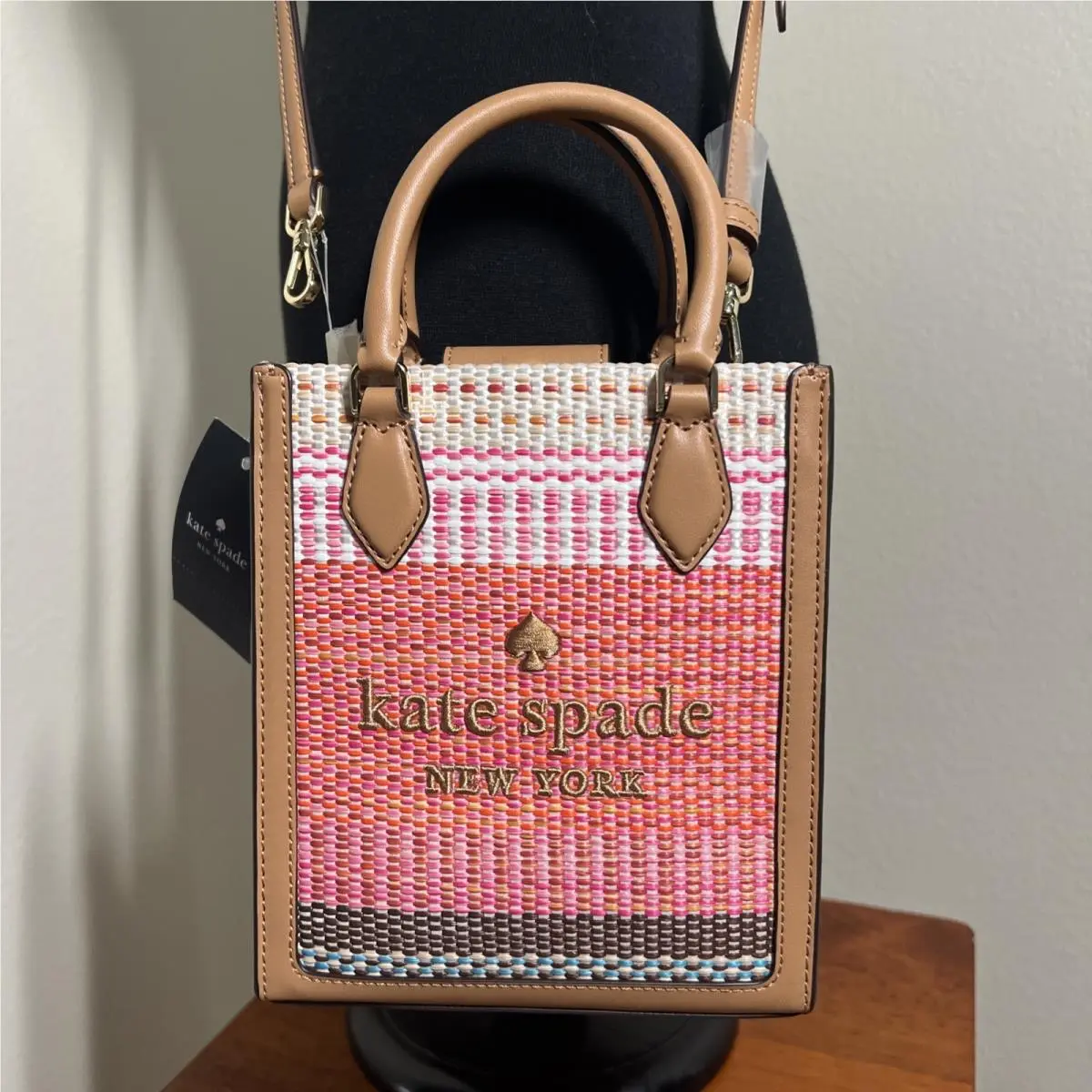 Kate Spade Ellie Leather Woven Straw Mini Tote Crossbody Bag Pink Brown