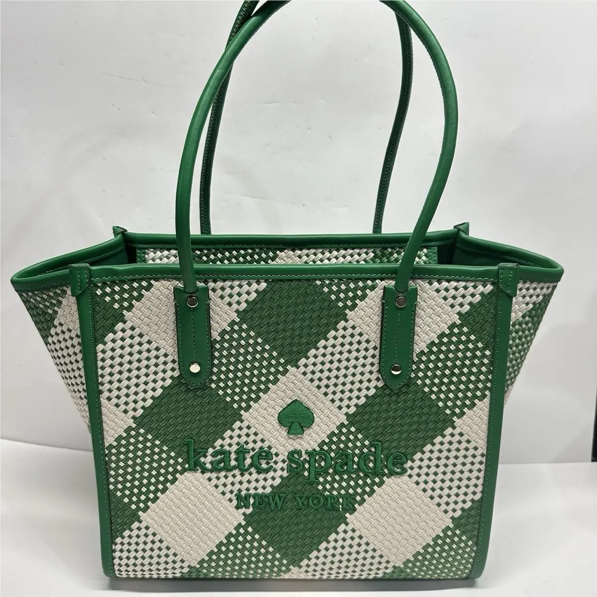 Ella Gingham Large Tote/bag Kelly Green Embroidered Green Bean by Kate Spade