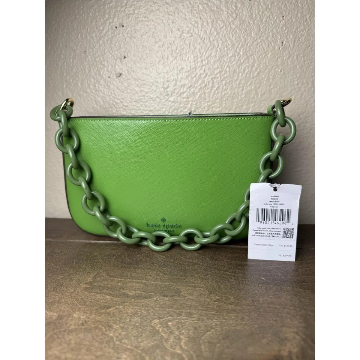 Kate Spade Madison Pochette KG623 Turtle Green Resin Chain Retail