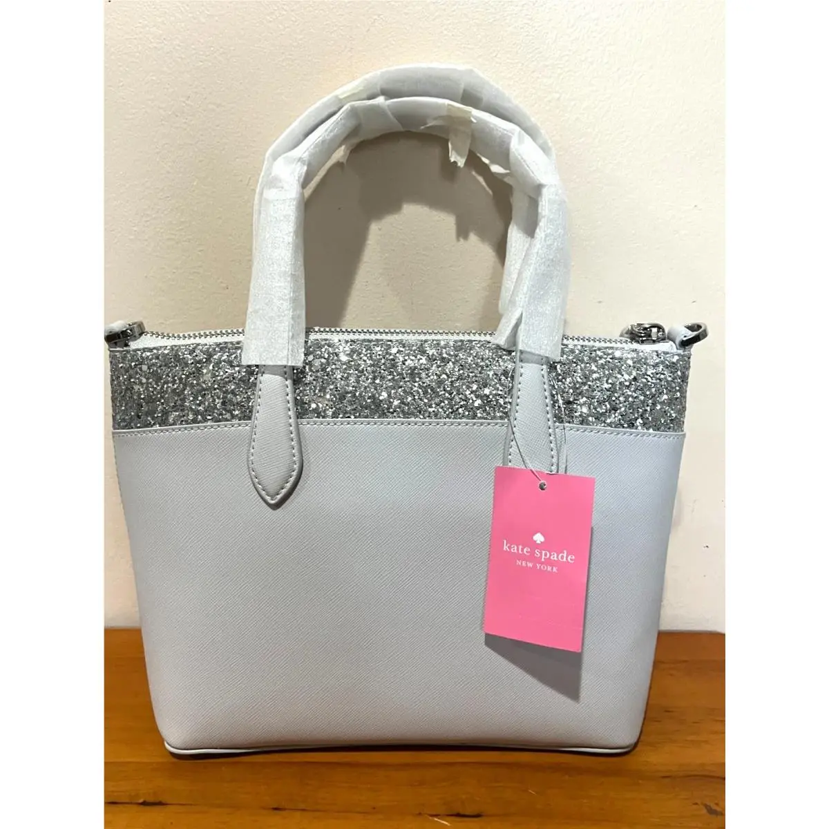 Kate Spade New York Flash Glitter Leather Handbag Bag Purse Grey Gray Silver