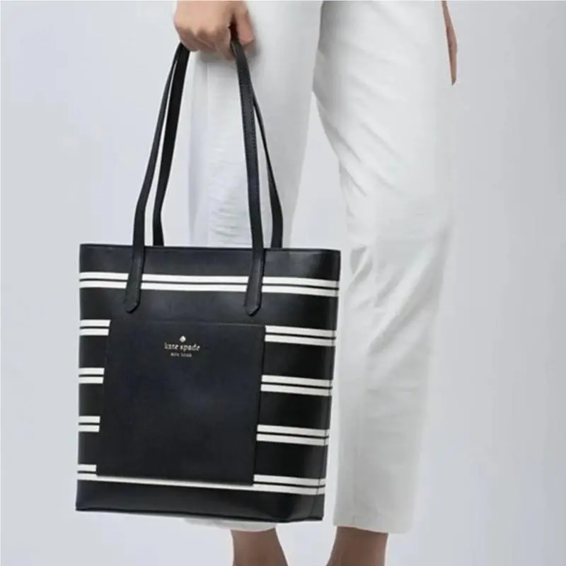 Kate Spade York Black Crisp Stripe Saffiano Daily Shoulder Tote Bag