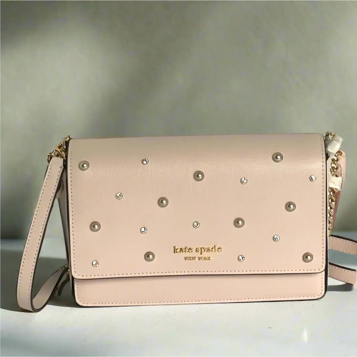 Kate Spade Purl Pearl Flap Clutch Pale Dogwood Crystal Chain Wallet Bag