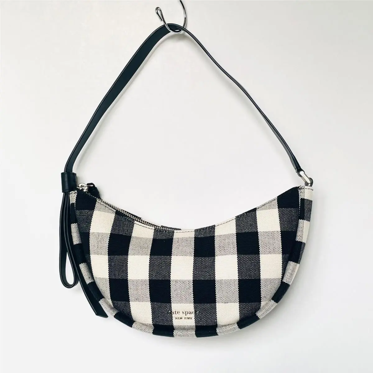 Kate Spade Gingham Shoulder Bag Black Check Small Smile Leather Trim