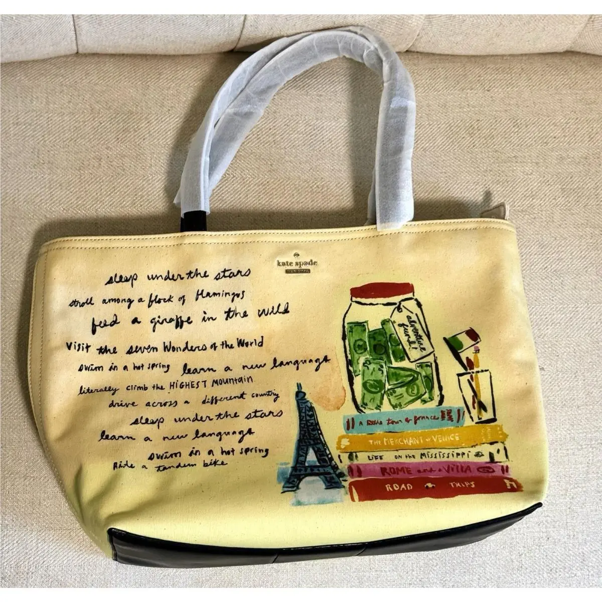 Kate Spade New Flights Of Fancy Bucket List Tags Dust Cover Tote Bag Purse Tote