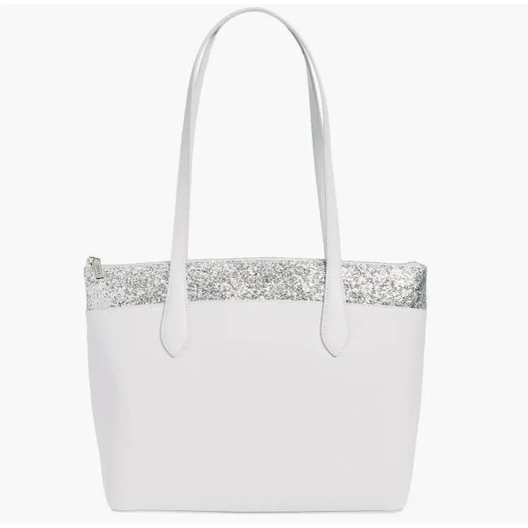 Kate Spade Flash Glitter Tote Bag White Silver Glitter Shoulder Bag Large