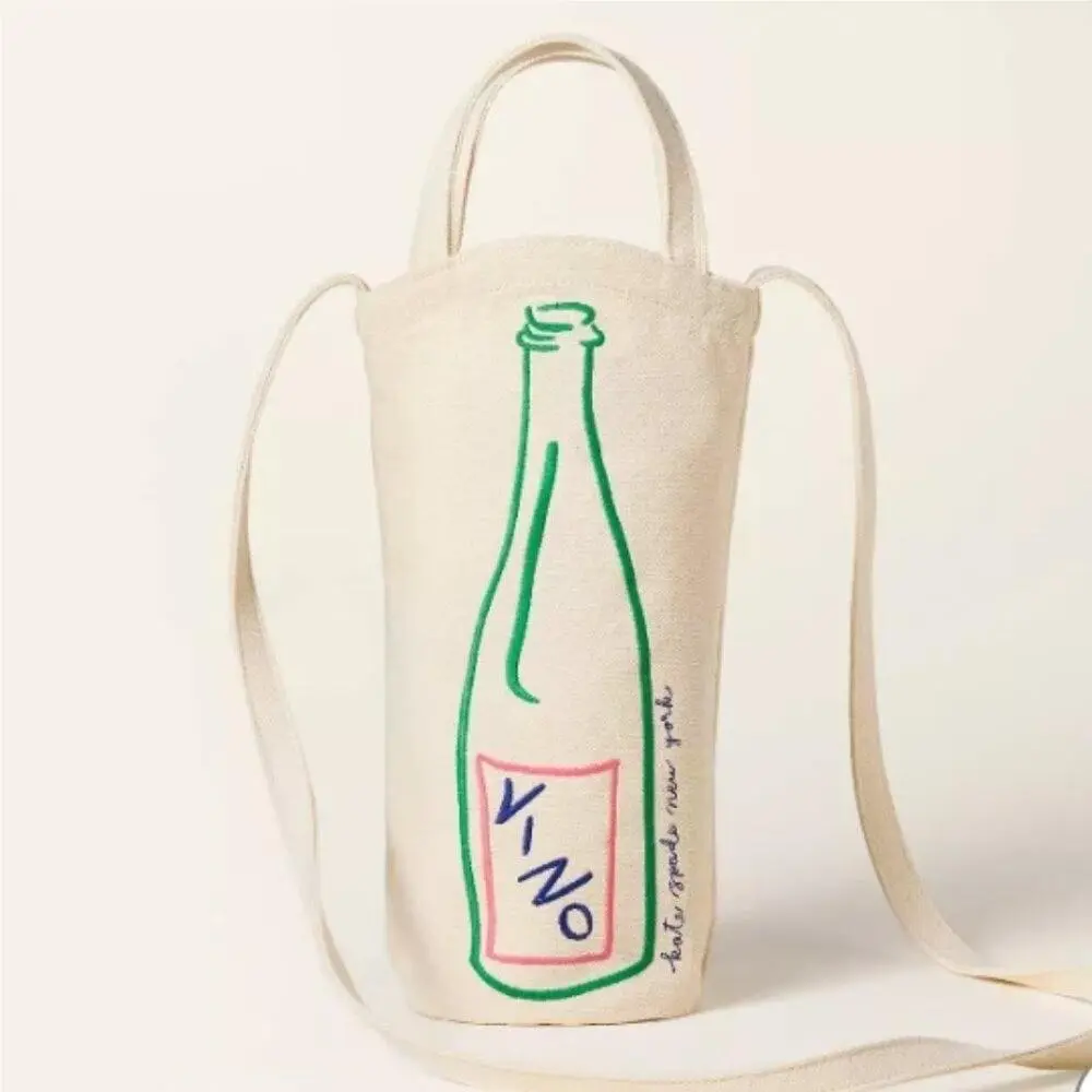 Kate Spade x Target Vino Canvas Wine Tote Crossbody Bag Cream Embroidered
