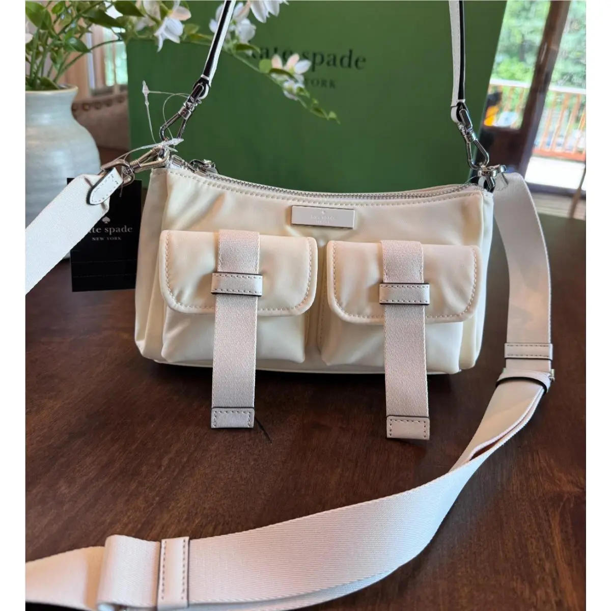 Kate Spade Carter Cargo Nylon Messenger Crossbody Many Pockets in Meringue