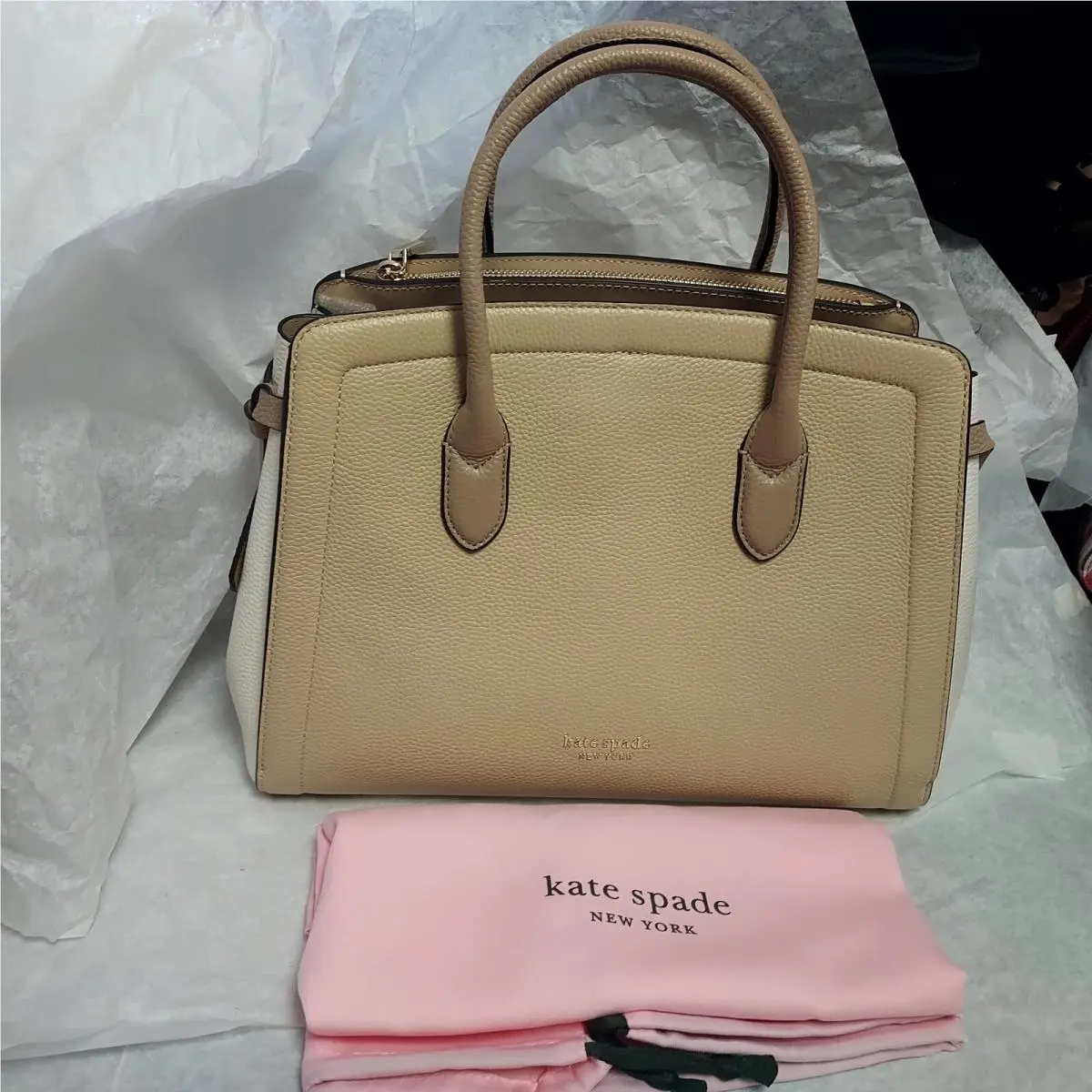 Kate Spade Knott Color Blocked Large Satchel Warm Stone Leather Purse