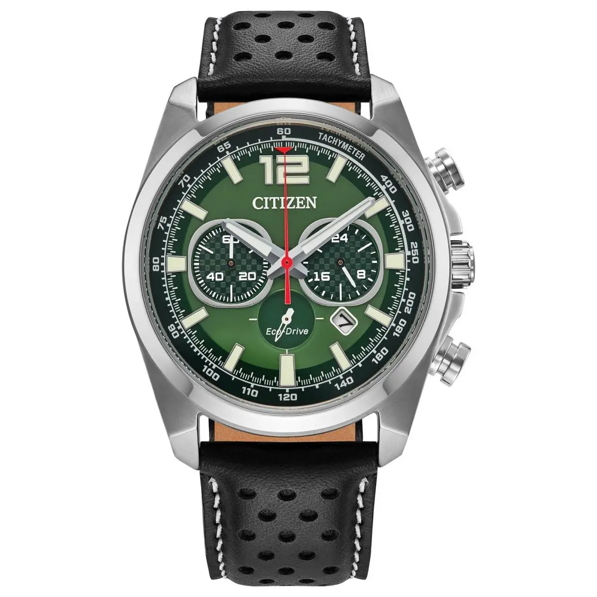 Citizen Men`s Eco-drive Sport Casual 41mm Black Leather Strap Green Dial