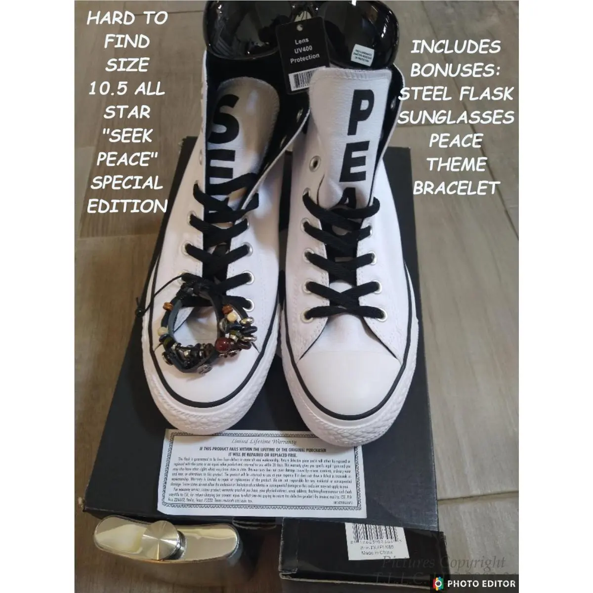New/box Htf 165768F White Converse All Star Seek Peace Symbol High Top Sneaker