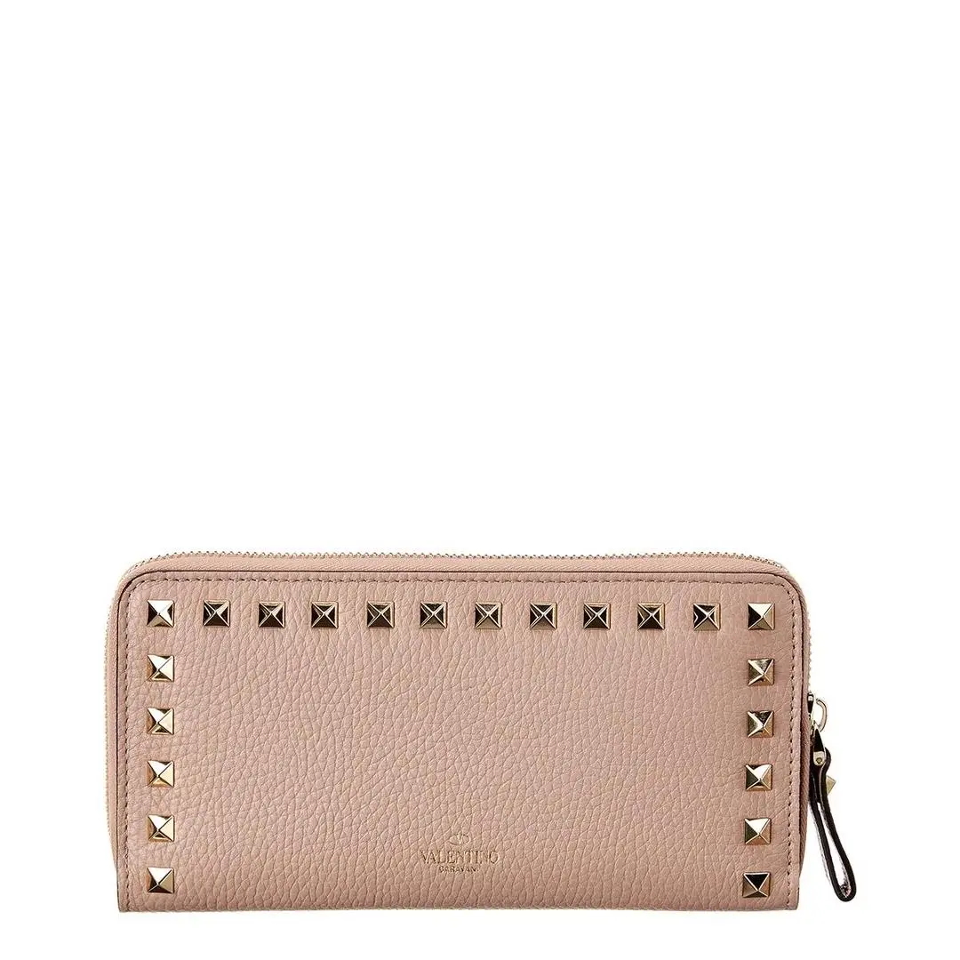 Valentino Rockstud Grainy Leather Zip Around Wallet Women`s Beige