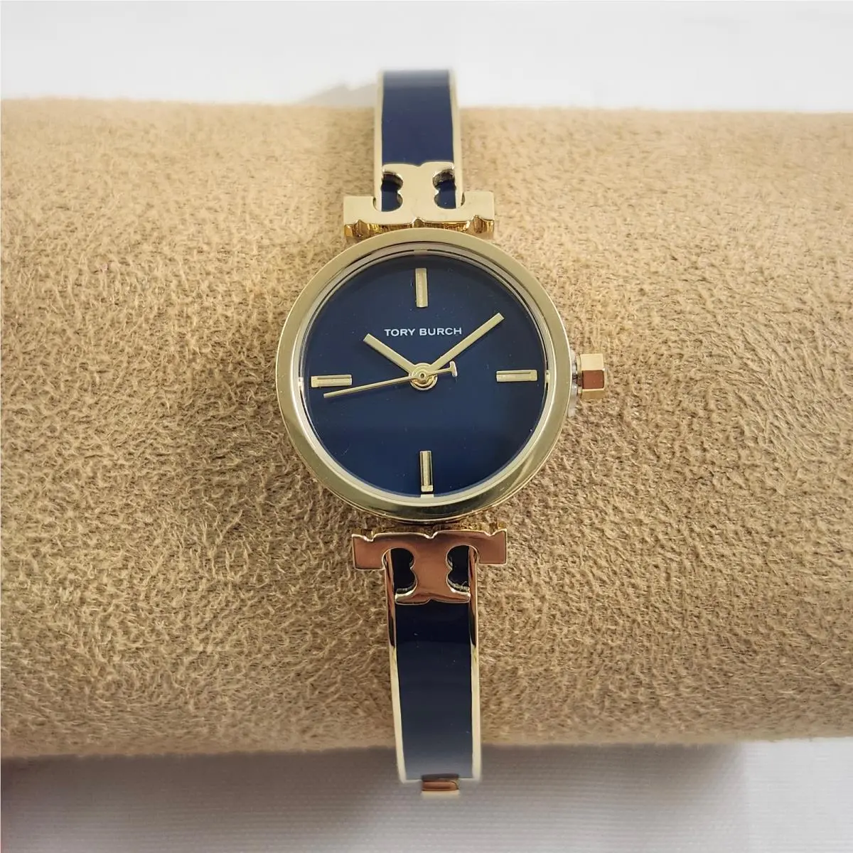 Tory Burch Kira Navy Blue Gold Bangle Bracelet Logo Watch TBW1400