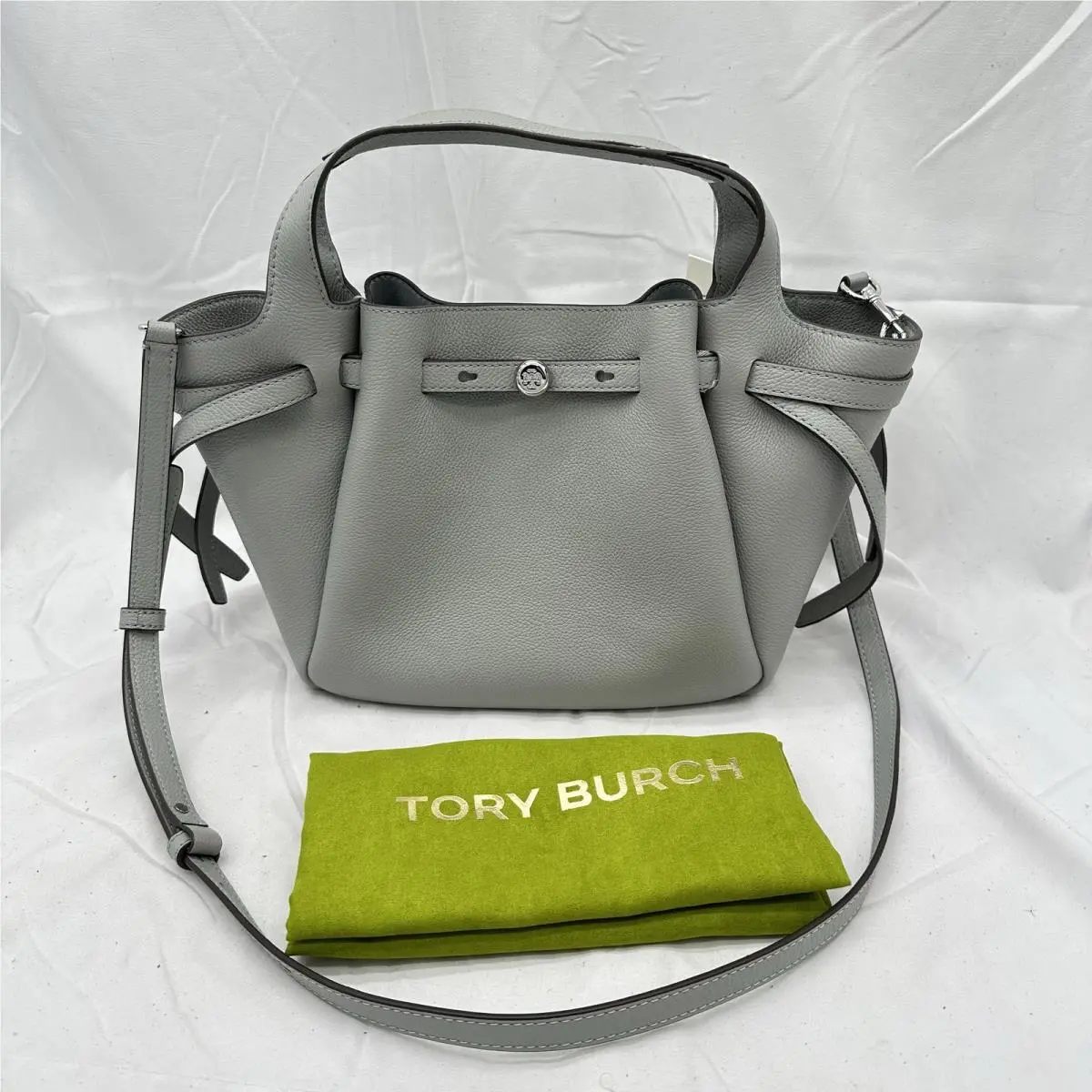 Tory Burch Womens Romy Small Tote Bag Pebble Leather Light Granite