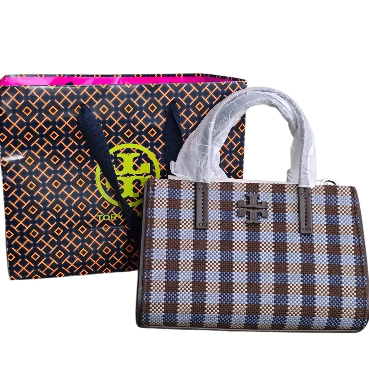 Tory Burch Blake Plaid Mini Tote 176878 Blue Multi Woven Nylon Handbag