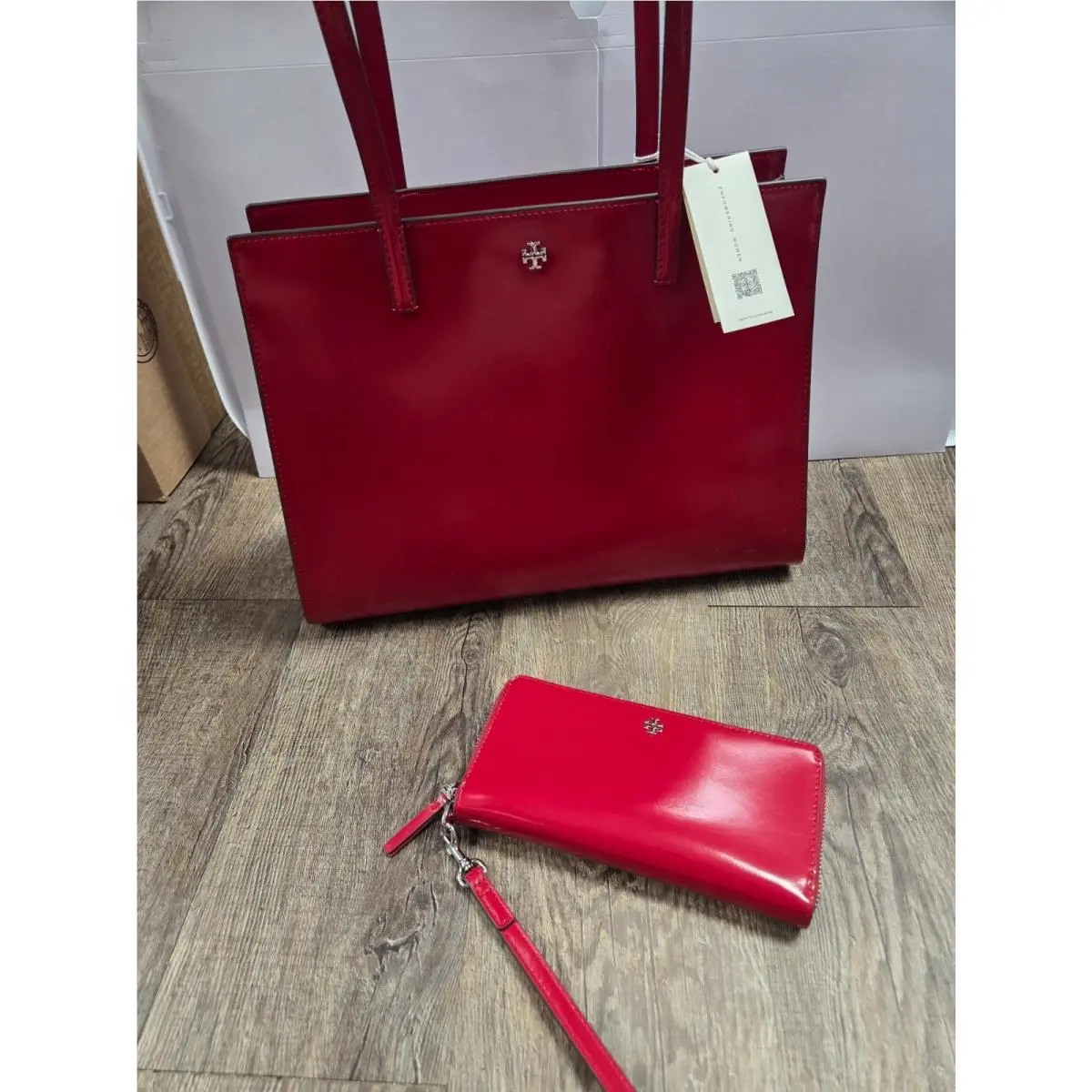 Tory Burch Emerson Patent Leather Work Tote Purse Warm Red + Matching Wallet