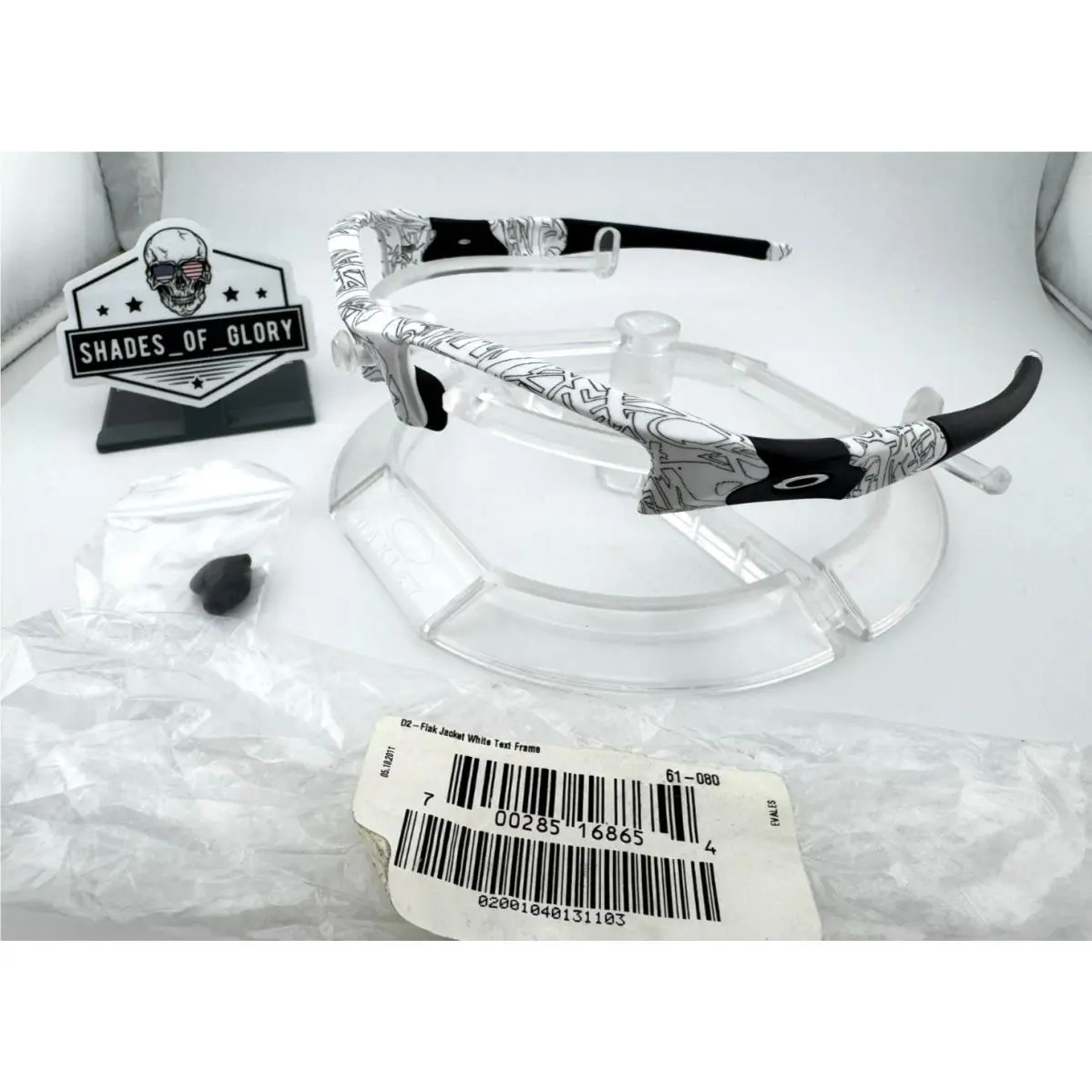Oakley Flak Jacket White Text Silver Icons Sunglasses Oem