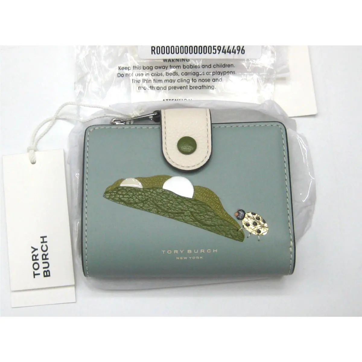 Tory Burch Color-block Pea Pod Leather Bi-fold Wallet Blue Celedon Pkg