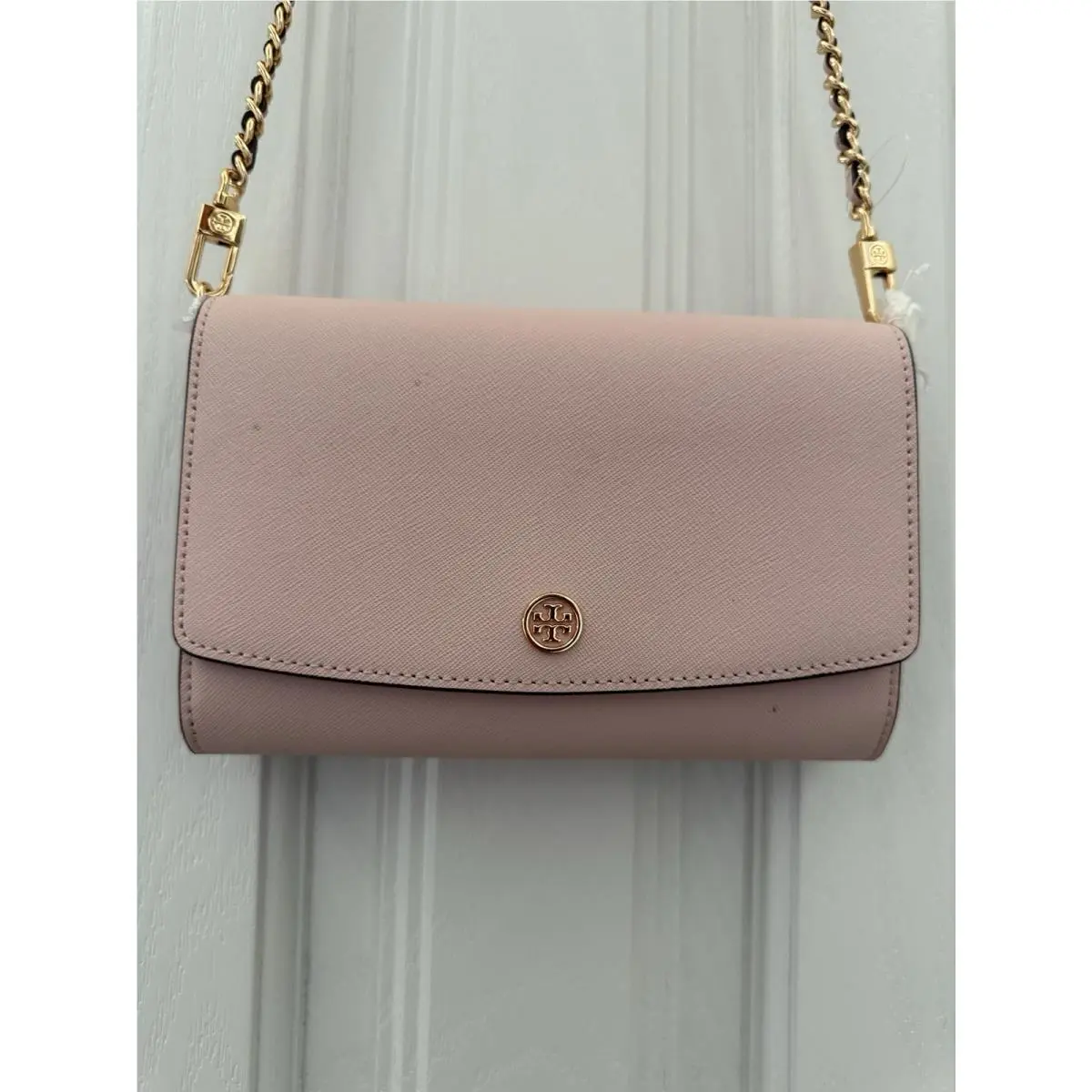 Tory Burch Robinson Light Pink Chain Wallet Bag Purse Gold Hdwr Tag Inside