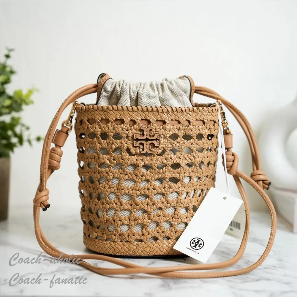 Tory Burch Woven Leather Bucket Bag in Honeycomb Tan