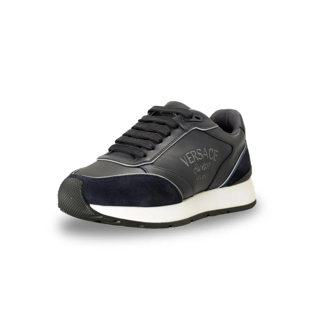 Versace Men`s Blue Leather Suede Logo Embroidery Sneakers Shoes US 6 IT 39