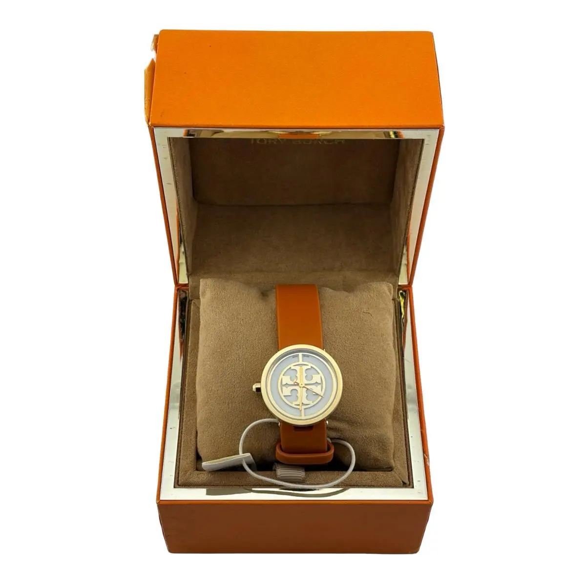 Tory Burch Logo Orange Leather Strap Watch Swiss Made w/ Box Rare