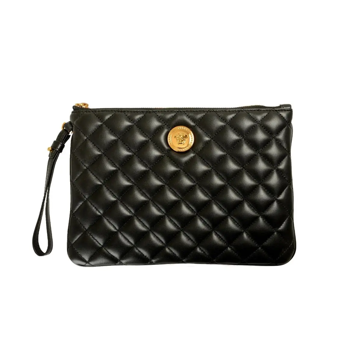 Black Quilted Leather Clutch Pouch Handbag Bag by Versace