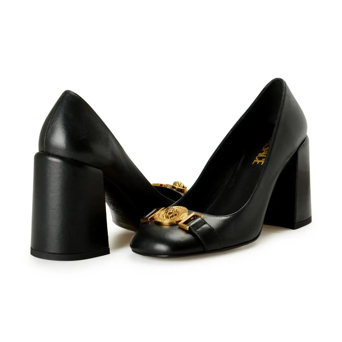 Versace Women`s Gold Medusa Black Leather High Heel Pump Shoes US 10 IT 40