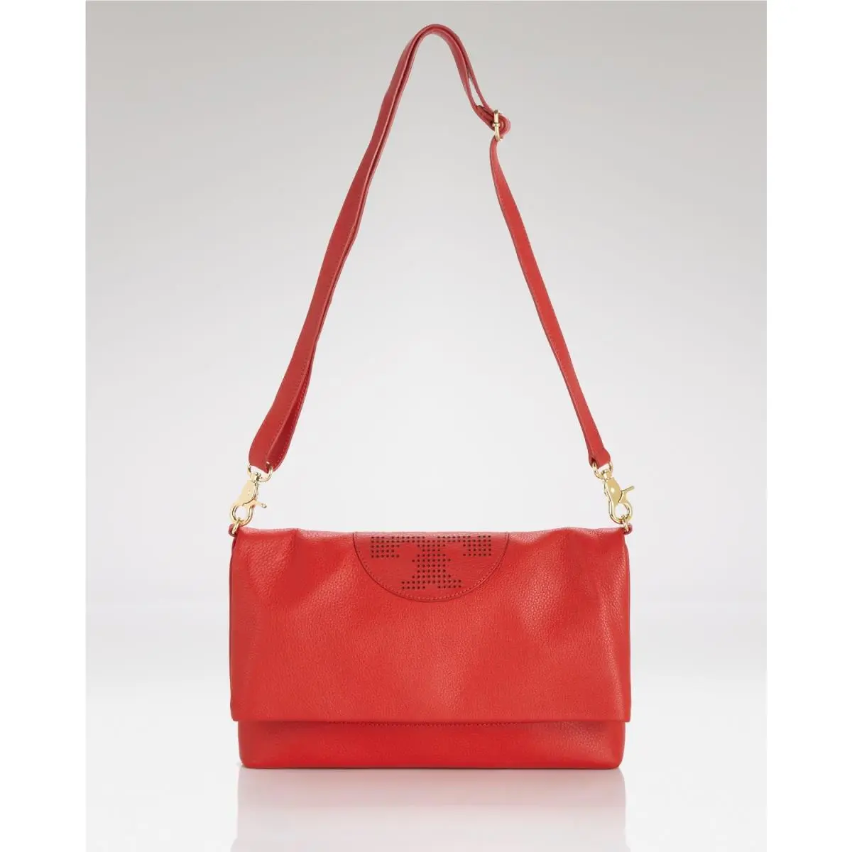Tory Burch Kipp Perforated Logo Convertible Hobo Foldover Crossbody Bag Red