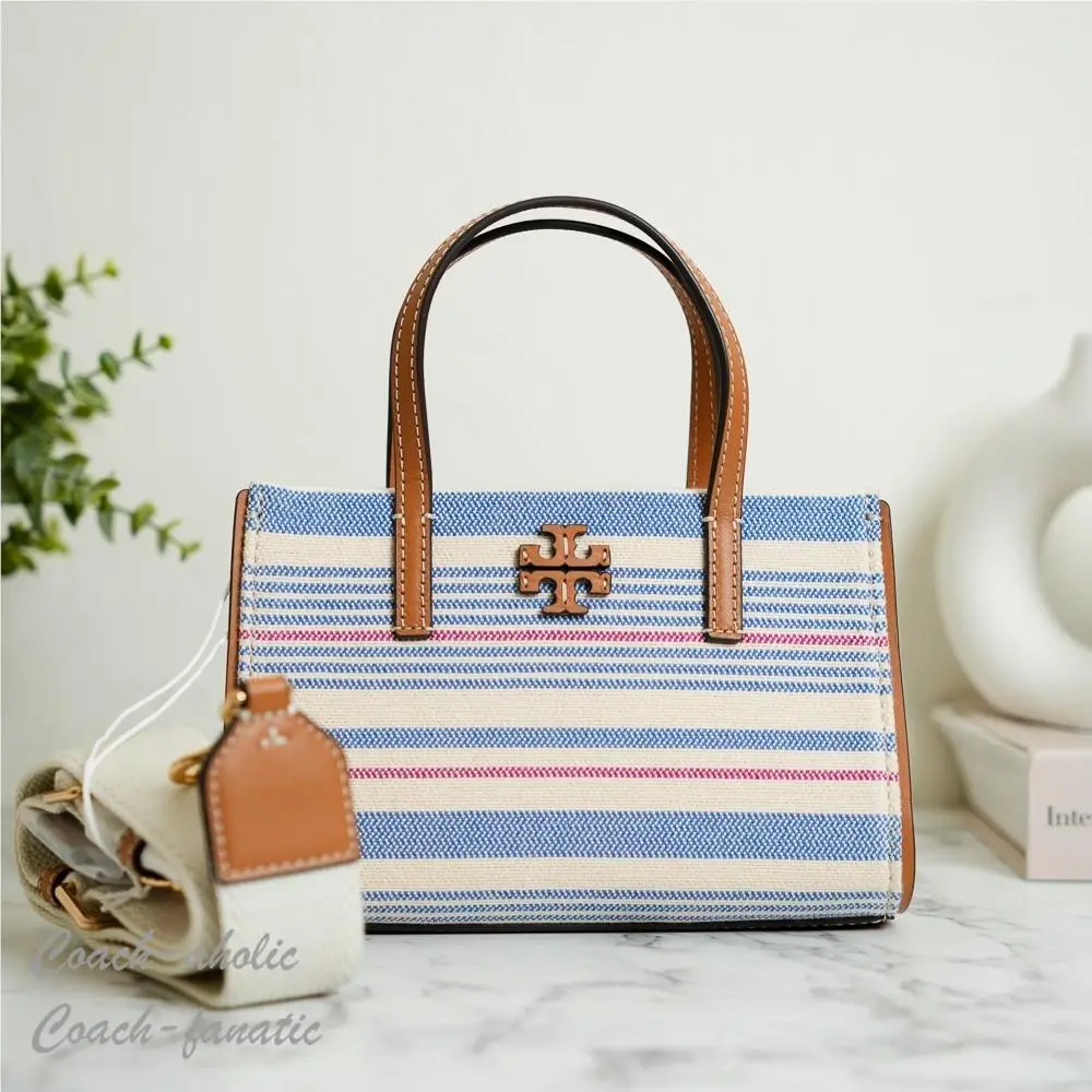 Tory Burch Blake Stripe Canvas Mini Tote Crossbody in Multi/walnut