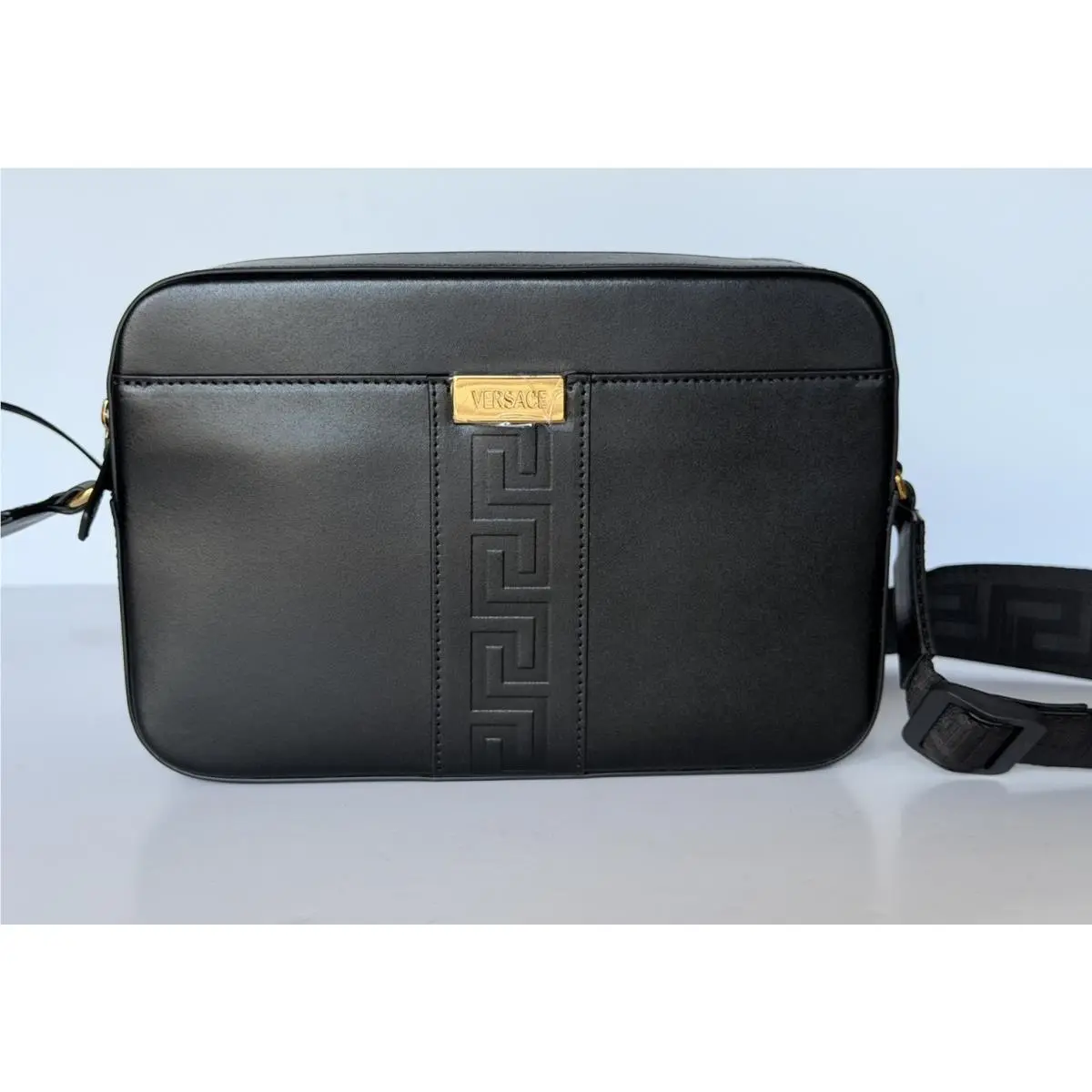 Versace Embossed Greek Key Black Crossbody Leather Camera Bag 1020736