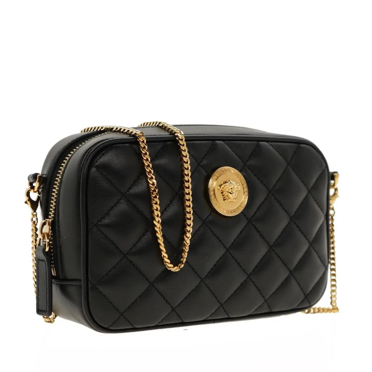 Versace Medusa Convertible Chain Camera / Belt Bag Black Quilted Leather