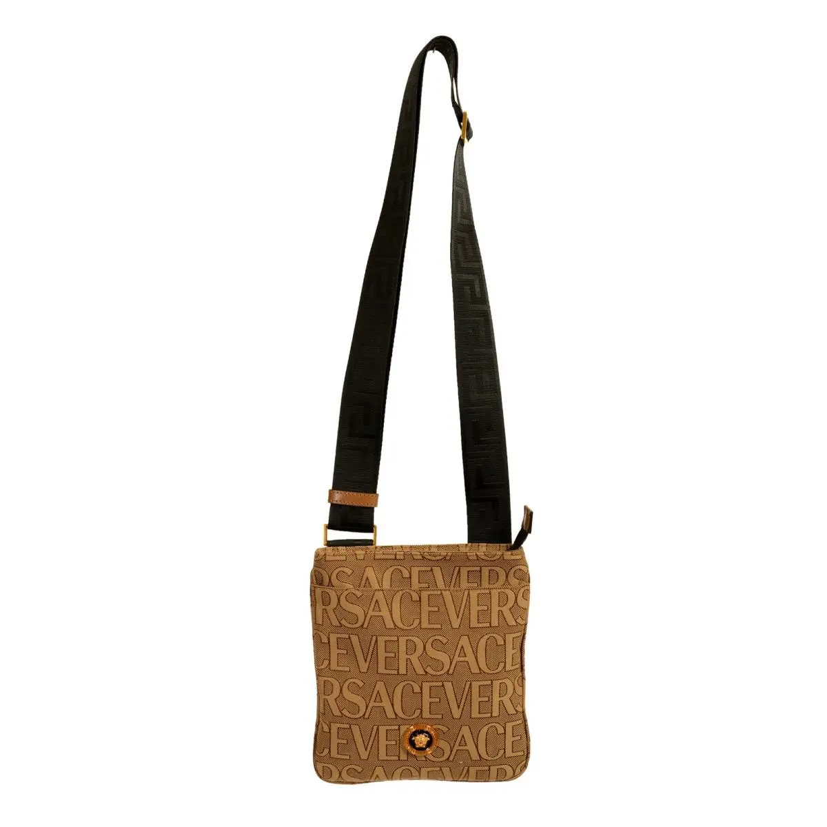 Versace Unisex Gold Medusa Logo Print Canvas Crossbody Shoulder Bag