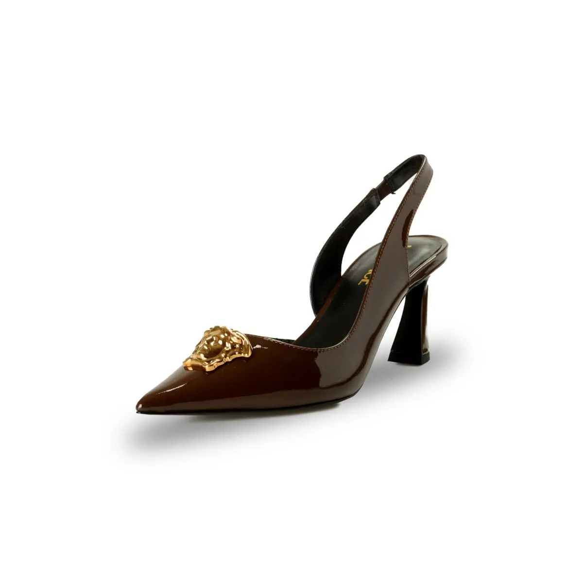 Versace Women`s Chocolate Patent Leather Gold Medusa Pump Shoes US 10 IT 40