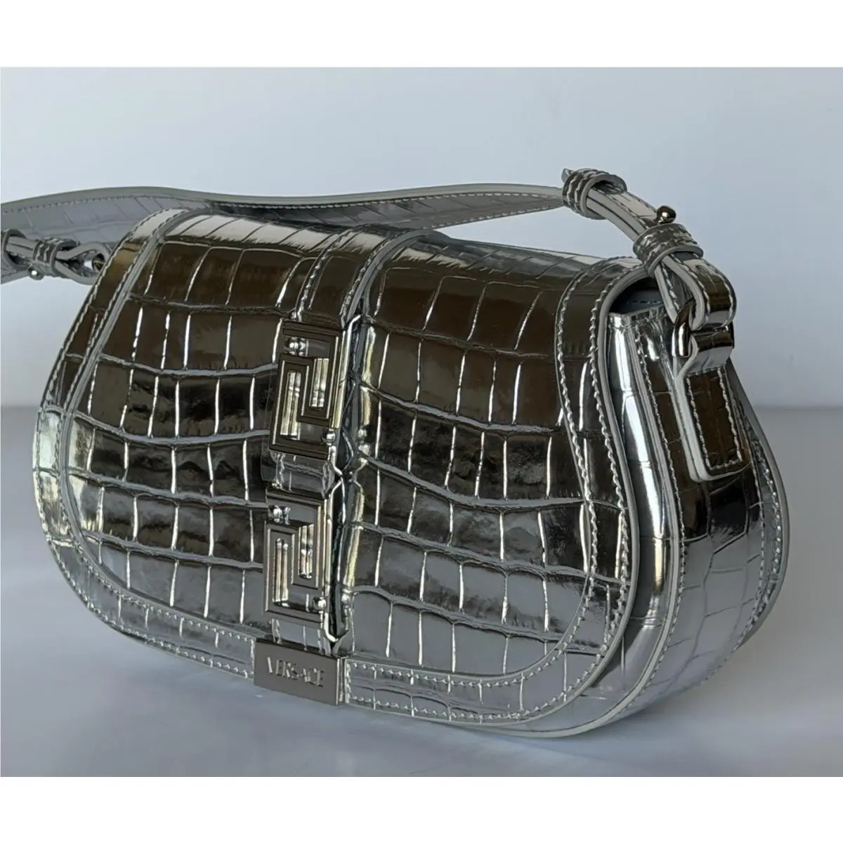 Versace La Greca Leather Silver Medium Shoulder Bag 1023417 Italy