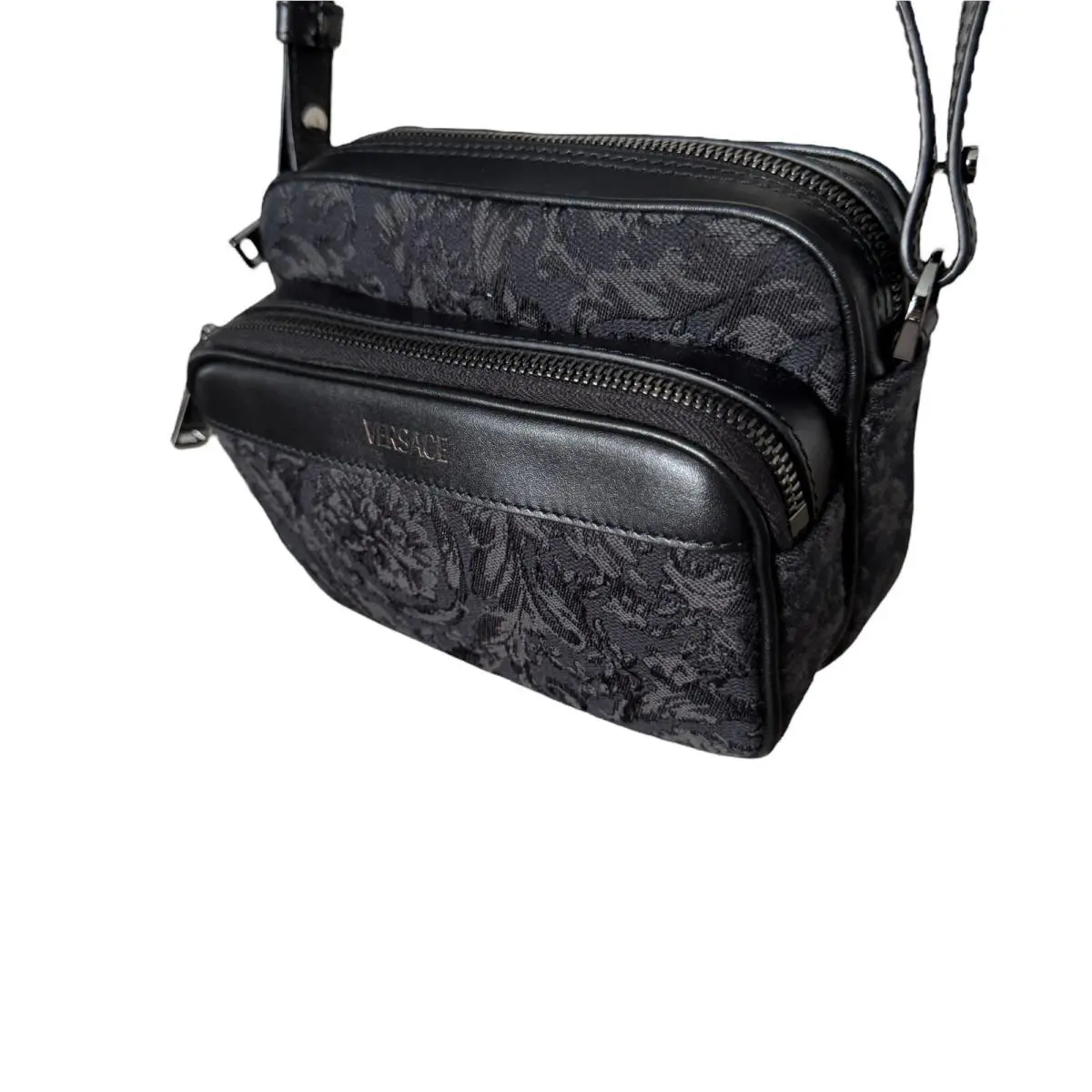 Versace Black Jacquard Fabric and Leather Shoulder Messenger Crossbody 1012856