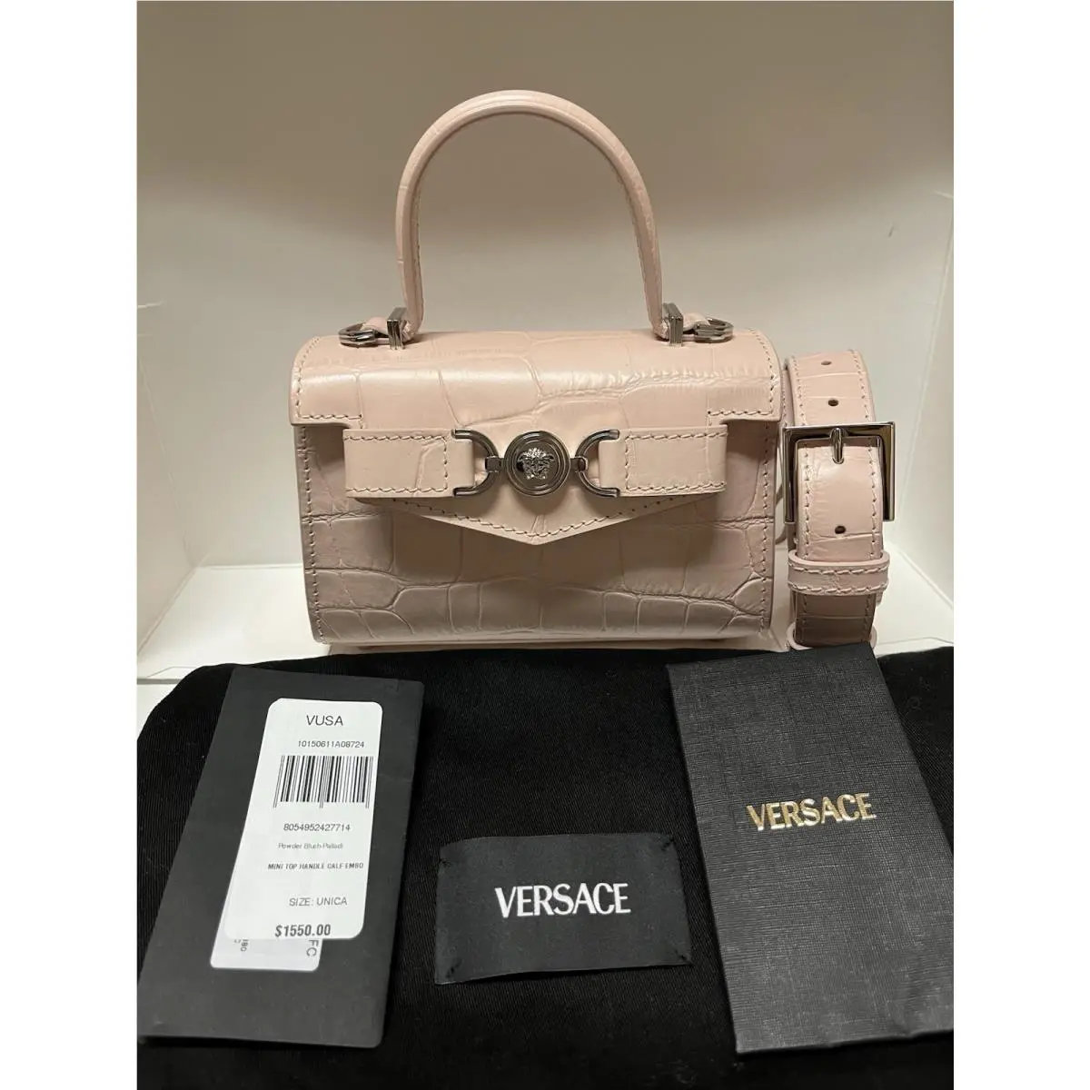 Versace Medusa 95 Mini Top Handle Calf Embossing Croco Powder Blush Palladium