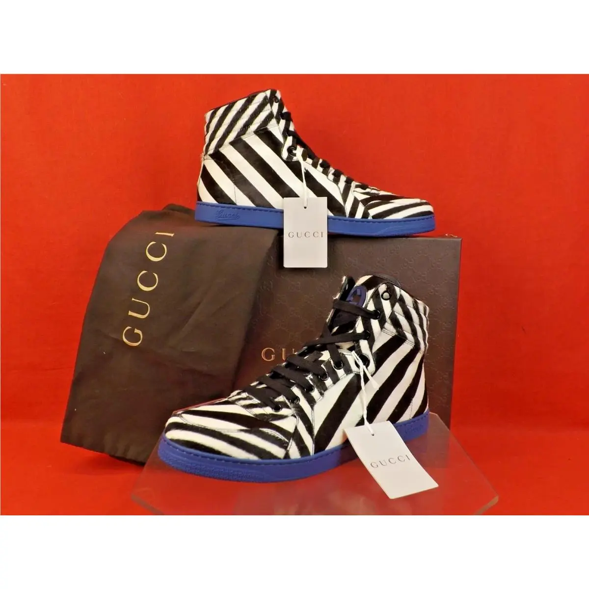 Gucci 353412 Black White Striped Ponyhair HI Top Coda Sneakers 7.5
