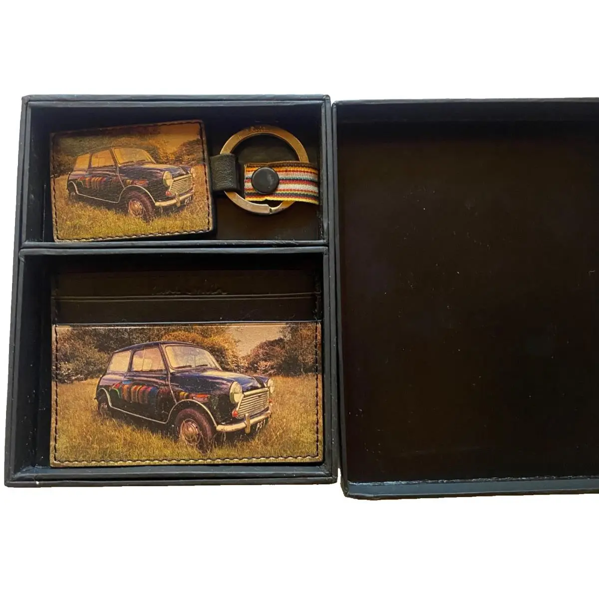 Paul Smith Reflection Card Holder Keychain Black Leather Mini Copper Print