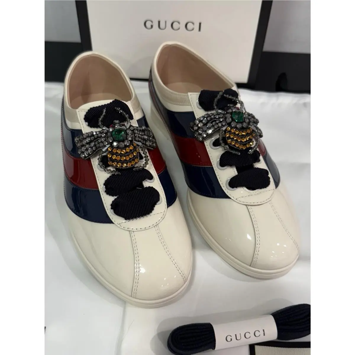 Women`s Donna Sneaker. Size US 6 / EU 36. Tri-color Web Sides Bug On Top by Gucci