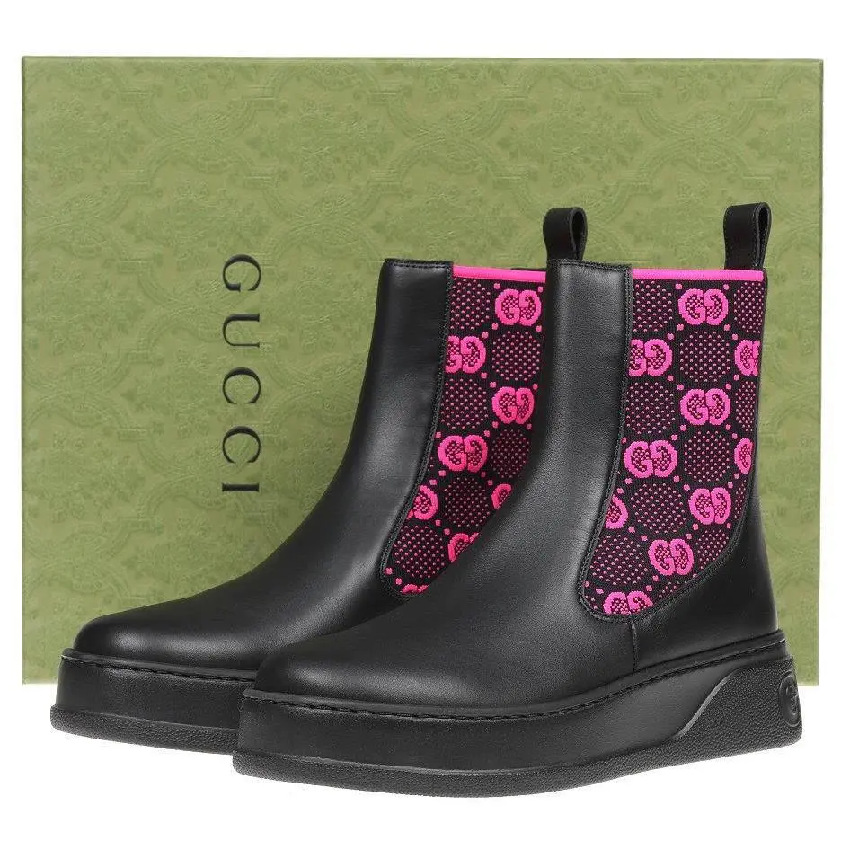 Black Leather GG Fuchsia Insert Boots Shoes 38/US 8 by Gucci