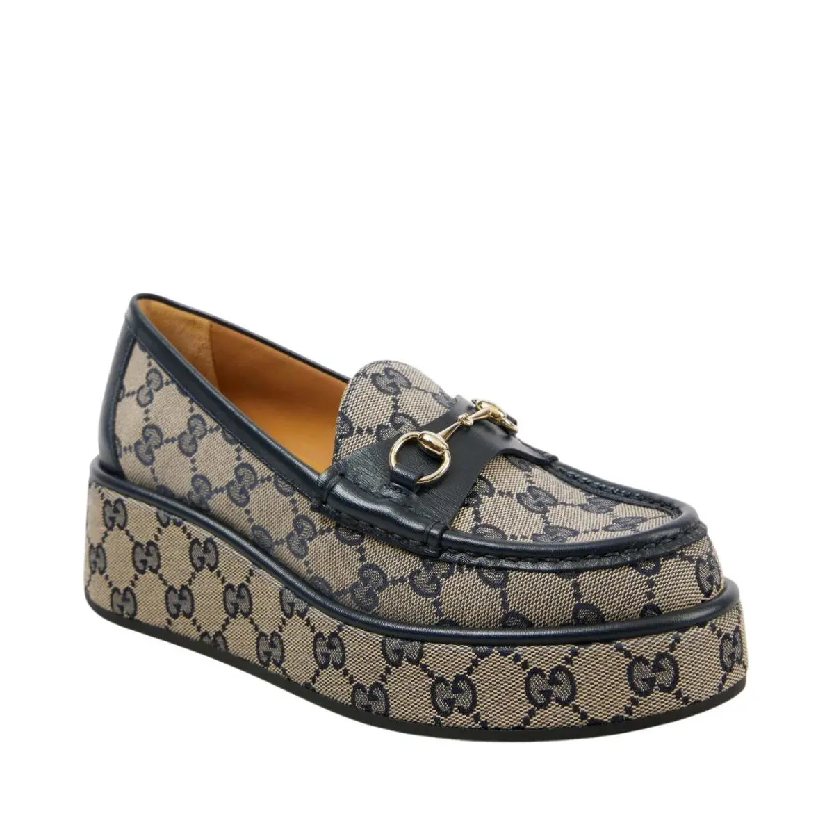 Women`s Gucci Canvas Leather GG Horsebit Wedge Loafer 36.5