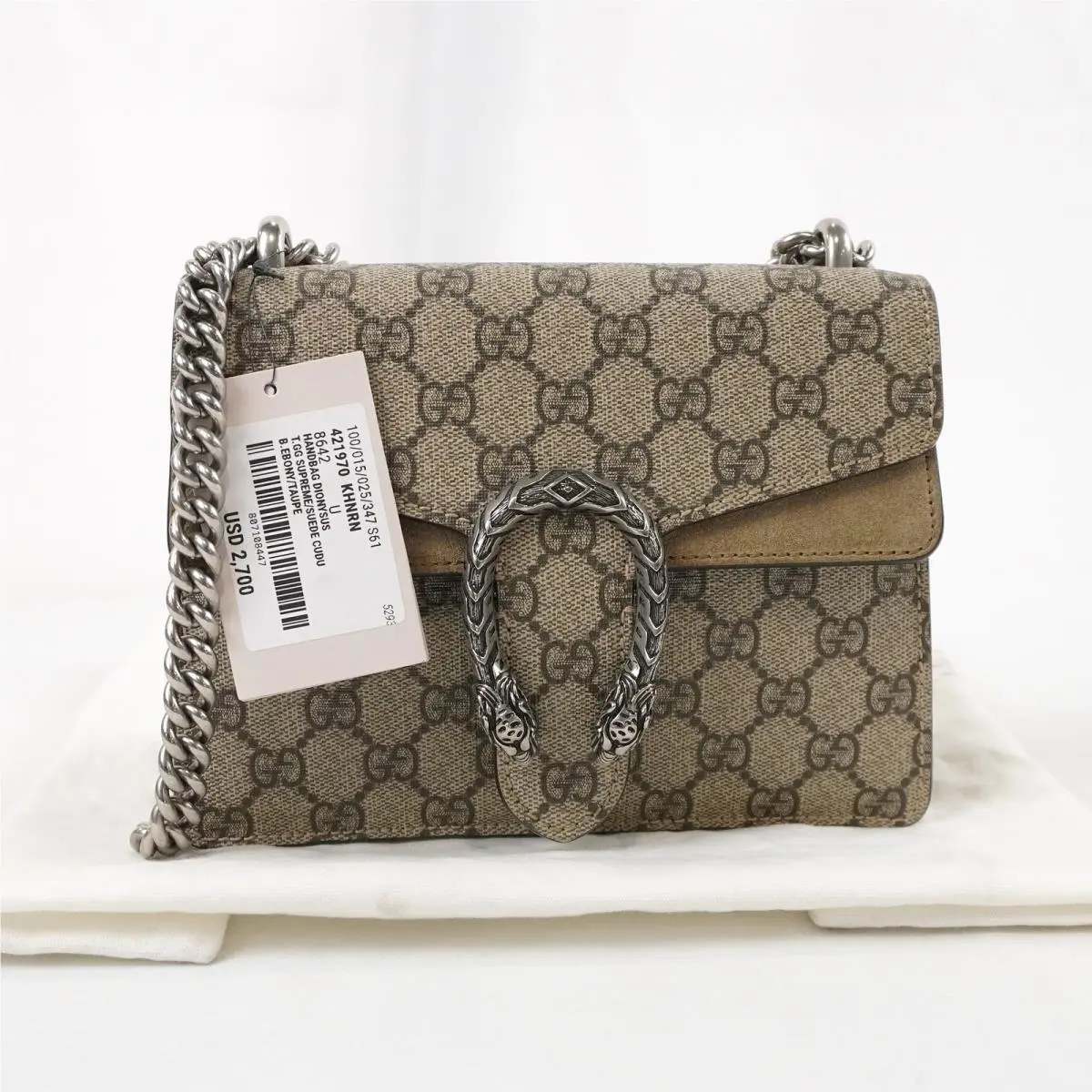 Gucci Dionysus GG Supreme Canvas Suede Chain Shoulder Bag In Beige Silver