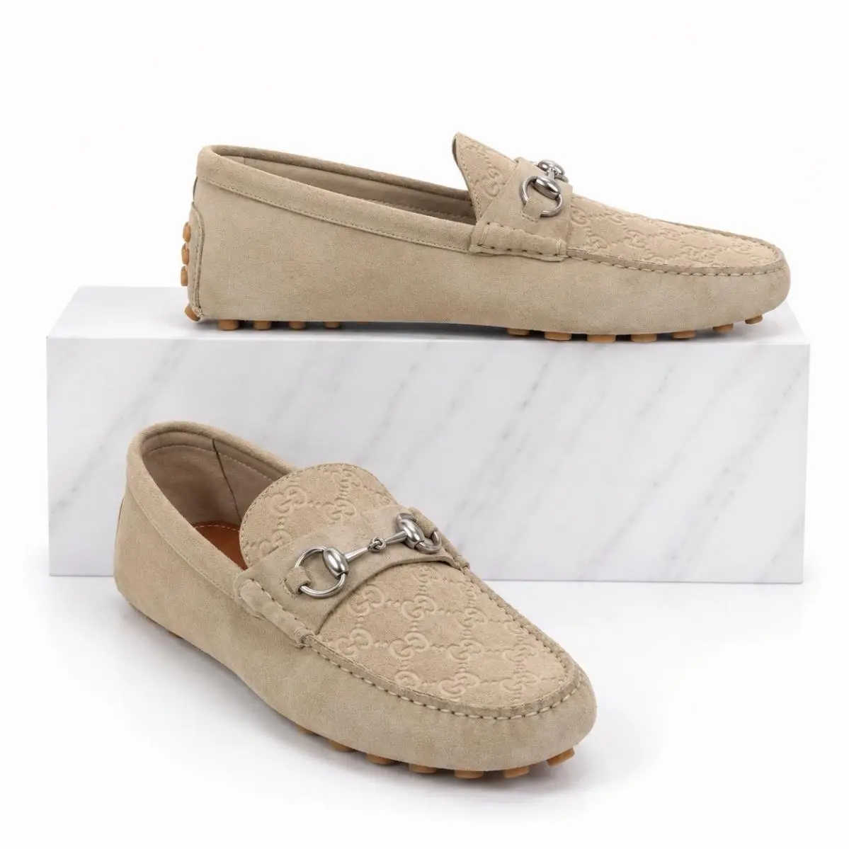 Gucci Byorn Guccisima Horsebit Suede Driver Loafer Oatmeal Men Size 11.5