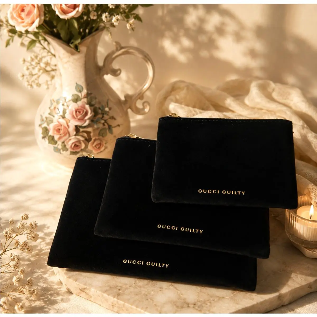 Gucci Beauty Guilty Black Velvet Pouch Set 3 Pieces 3 Sizes Promo