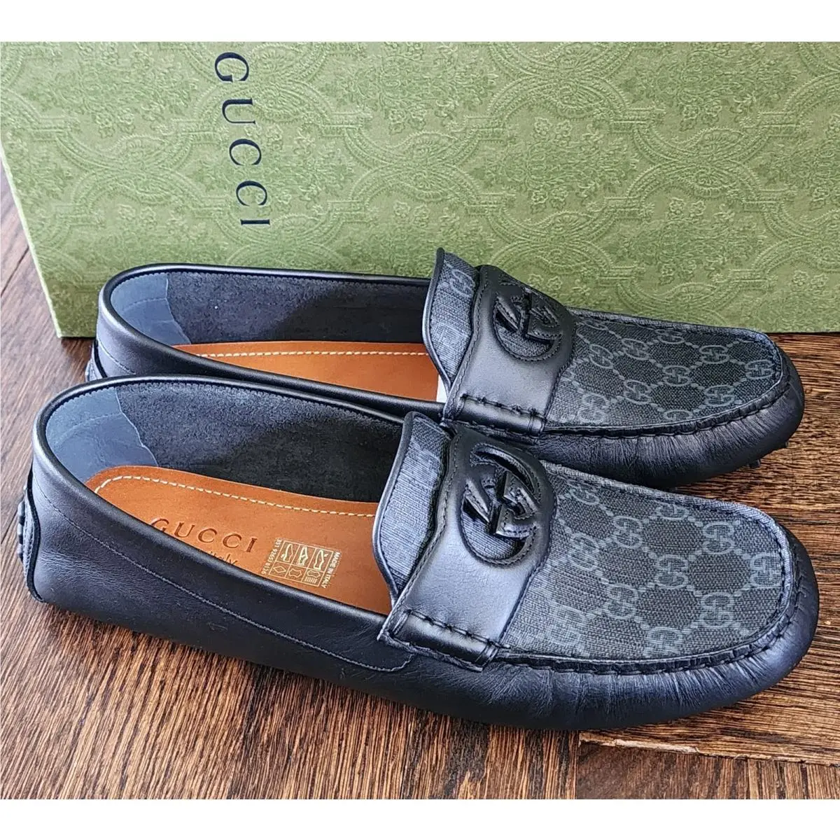GG Interlocking Men Driver Loafers Black Leather Shoes G 7.5/US 8 by Gucci