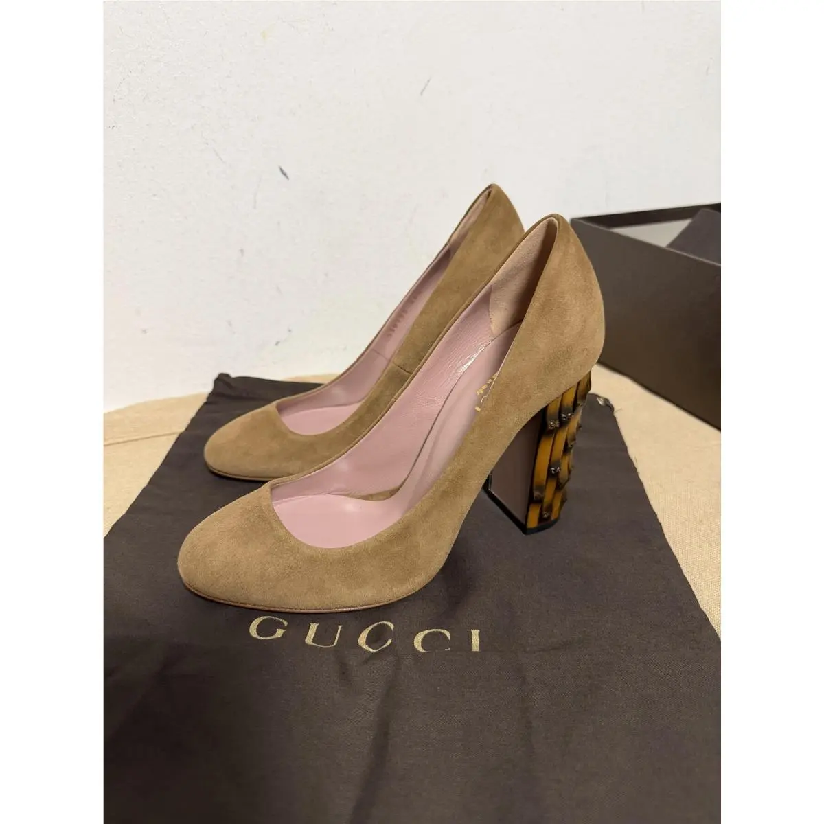 Shoes Womens Size 6.5 Brown Suede Bamboo Studded Block Heel Pumps Italy by Gucci