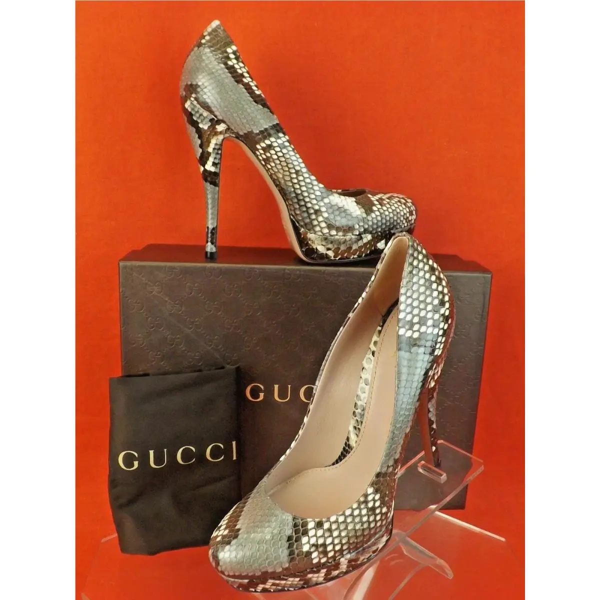 309995 Lisbeth Natural Python Leather Vintage Rose Platform Pumps 38 by Gucci